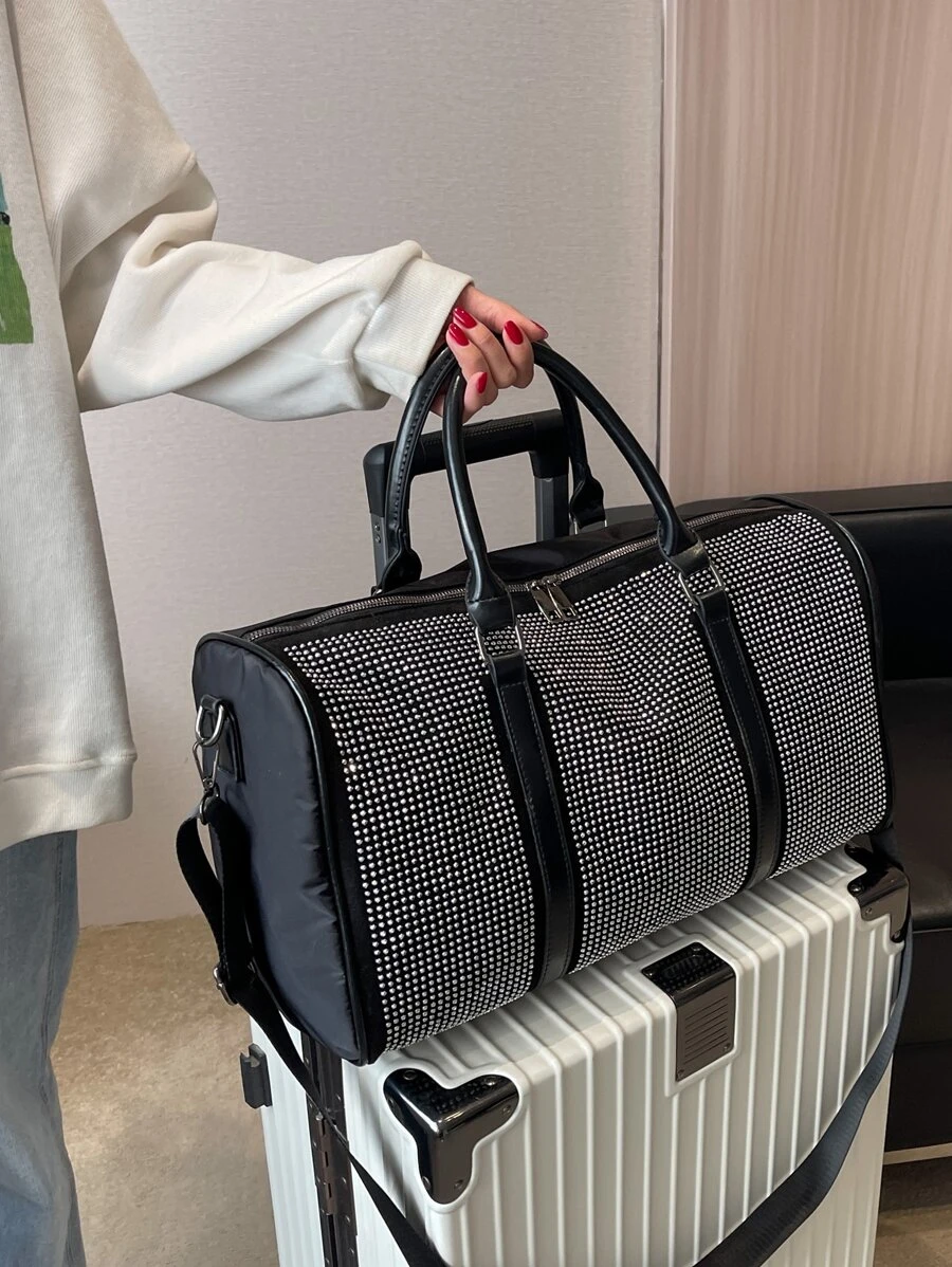 鉚釘裝飾大旅行包手提包手袋手掌包運動包適合男士女性女孩男生學生適合旅行返校商業戶外假期度假運動運動旅行配件旅行必備適用於存儲冬天衣服秋季衣服手掌包週末包適用於醫院適合男人及女人中性 - 黑色 - 查看 1