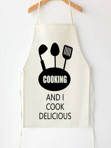 1pc Cooking Spatula & Letter Graphic Apron, Modern Polyester Chef Apron For Household - Black and White - View 1