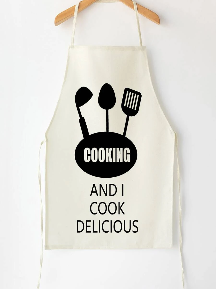 1pc Cooking Spatula & Letter Graphic Apron, Modern Polyester Chef Apron For Household - Black and White - View 1