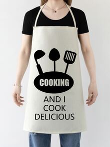 1pc Cooking Spatula & Letter Graphic Apron, Modern Polyester Chef Apron For Household - Black and White - View 2