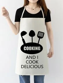 1pc Cooking Spatula & Letter Graphic Apron, Modern Polyester Chef Apron For Household - Black and White - View 4