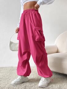 SHEIN EZwear Flap Pocket Side Drawstring Waist Cargo Trousers - Hot Pink - View 5