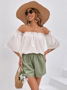 SHEIN VCAY Off Shoulder Frill Trim Top & Shorts - Multicolor - View 6