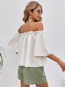 SHEIN VCAY Off Shoulder Frill Trim Top & Shorts - Multicolor - View 2