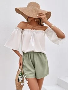 SHEIN VCAY Off Shoulder Frill Trim Top & Shorts - Multicolor - View 3