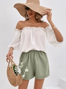 SHEIN VCAY Off Shoulder Frill Trim Top & Shorts - Multicolor - View 4