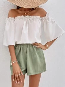 SHEIN VCAY Off Shoulder Frill Trim Top & Shorts - Multicolor - View 1
