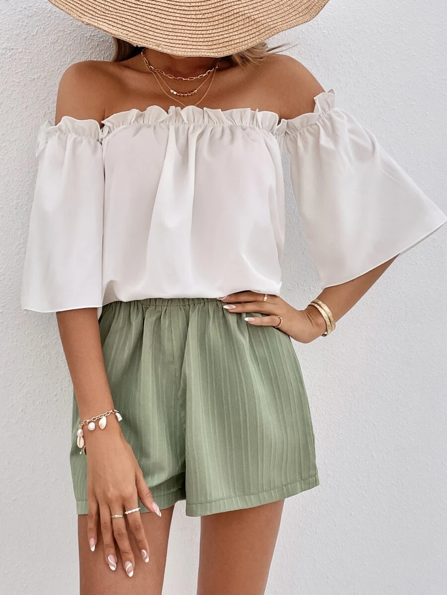 SHEIN VCAY Off Shoulder Frill Trim Top & Shorts - Multicolor - View 1