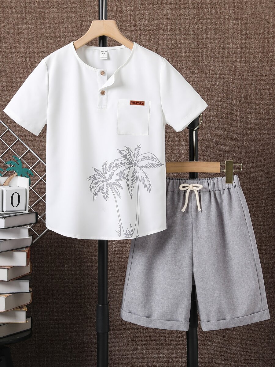 Boys Tropical Print Patched Pocket Shirt & Knot Waist Shorts - Multicolor - View 1