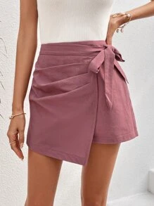 SHEIN VCAY Quần đùi nữ Thắt nút Trọn gói Dây kéo màu trơn Giải trí - Bụi hồng - Xem 3