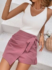 SHEIN VCAY Quần đùi nữ Thắt nút Trọn gói Dây kéo màu trơn Giải trí - Bụi hồng - Xem 6