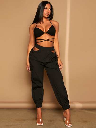 SHEIN SXY Summer;Crisscross Tie Backless Halter Top & Cut Out Waist Pants
