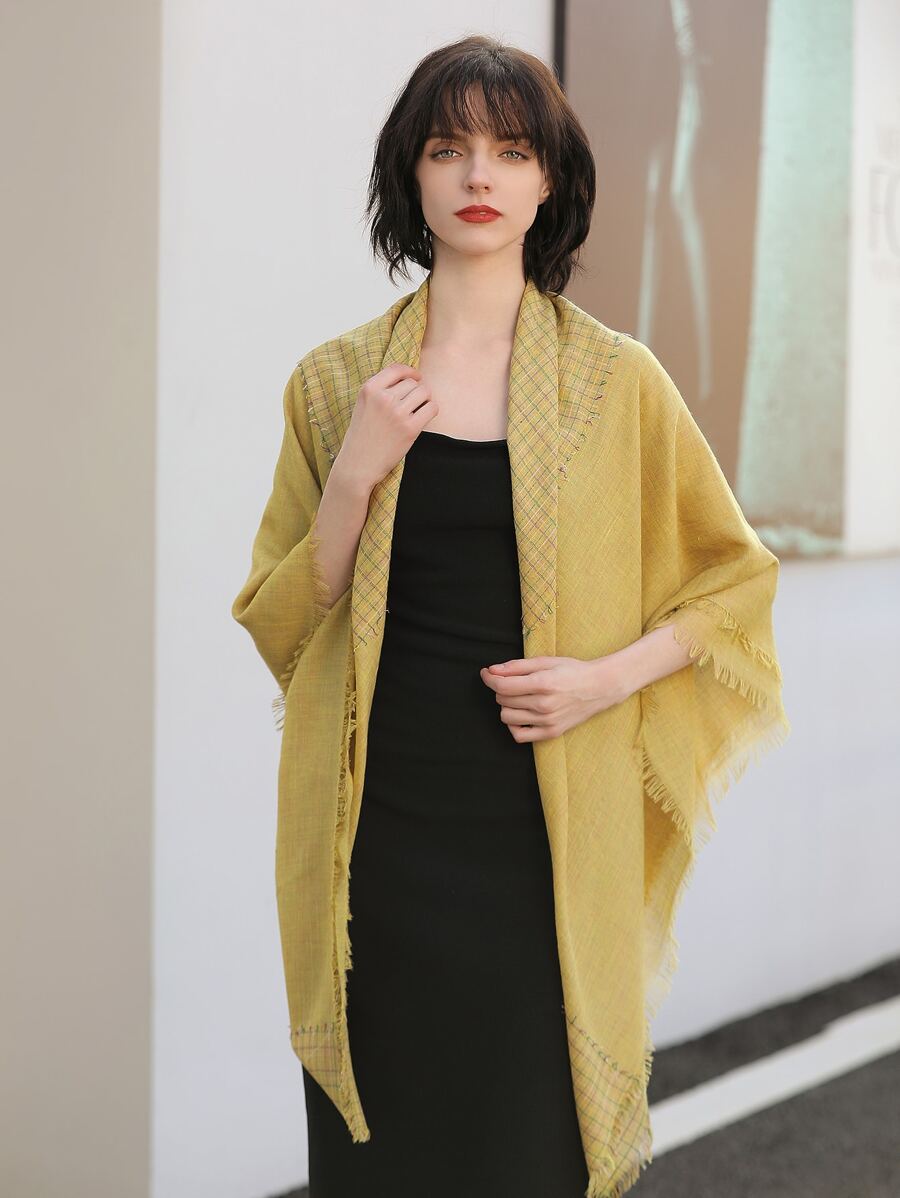 Plaid Pattern Raw Trim Shawl - Ginger - View 1
