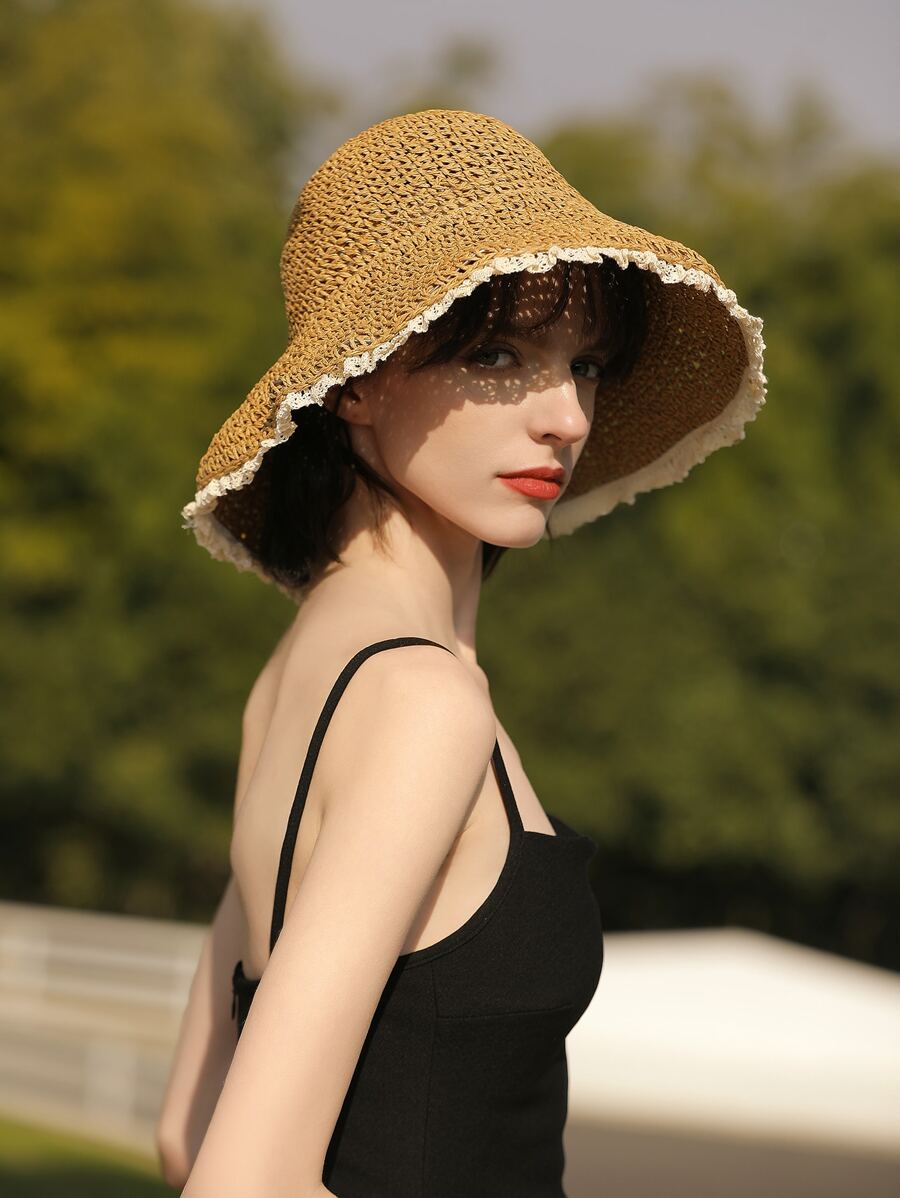 Raw Trim Straw Hat - Camel - View 1