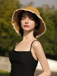 Raw Trim Straw Hat - Camel - View 2