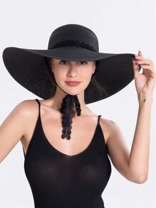 Wide Brim Straw Hat - Black - View 1