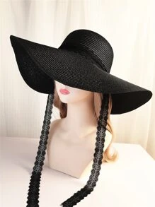 Wide Brim Straw Hat - Black - View 2