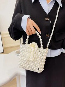 菱格公主仿真珍珠和鑽石編織珍珠袋，迷你仿真珍珠裝飾公文包，適用於聚會、婚禮、舞會和晚宴，口紅、女士珍珠包，防水，防塵透明袋，適用於海灘運動野餐小吃，女款手提包