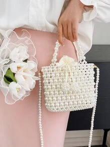 菱格公主仿真珍珠和鑽石編織珍珠袋，迷你仿真珍珠裝飾公文包，適用於聚會、婚禮、舞會和晚宴，口紅、女士珍珠包，防水，防塵透明袋，適用於海灘運動野餐小吃，女款手提包