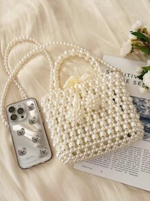 菱格公主仿真珍珠和鑽石編織珍珠袋，迷你仿真珍珠裝飾公文包，適用於聚會、婚禮、舞會和晚宴，口紅、女士珍珠包，防水，防塵透明袋，適用於海灘運動野餐小吃，女款手提包