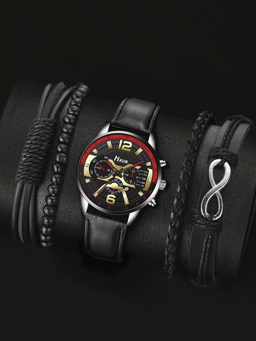 HIKUN 1pc Men Round Pointer Quartz Watch & 3pcs/set Bracelet - Black - View 1