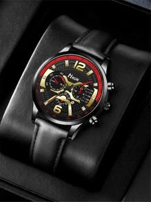 HIKUN 1pc Men Round Pointer Quartz Watch & 3pcs/set Bracelet - Black - View 3