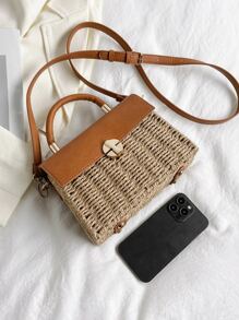 夏季新款编织女士单肩包，时尚拼接包，草编钱包，草编沙滩包，沙滩必备，沙滩用品，夏季必备单品，藤编包，夏季度假包，沙滩钱包，夏季完美之选，适合度假和日常使用，旅行必备 - 卡其色 - 查看 4