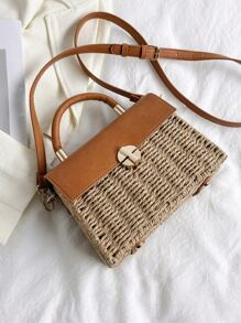 夏季新款编织女士单肩包，时尚拼接包，草编钱包，草编沙滩包，沙滩必备，沙滩用品，夏季必备单品，藤编包，夏季度假包，沙滩钱包，夏季完美之选，适合度假和日常使用，旅行必备 - 卡其色 - 查看 5