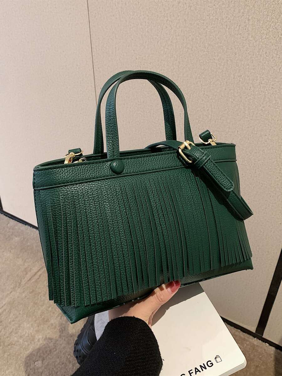 Minimalist Fringe Decor Square Bag - Dark Green - View 1