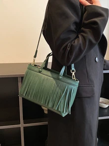 Minimalist Fringe Decor Square Bag - Dark Green - View 7