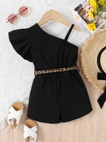 SHEIN Niñas Mono de cuello asimétrico ribete con fruncido - Negro - Ver 2