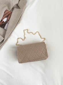 Stitch Detail Metal Decor Flap Chain Square Bag - Khaki - View 5