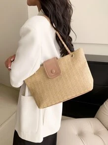 編織鏈帶手提袋 - 卡其色 - 查看 7