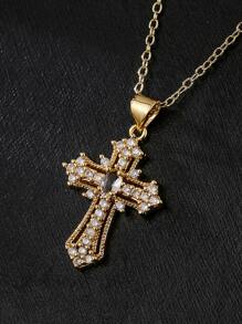 方晶鋯石十字架吊飾項鍊 - 金黃色 - 查看 3