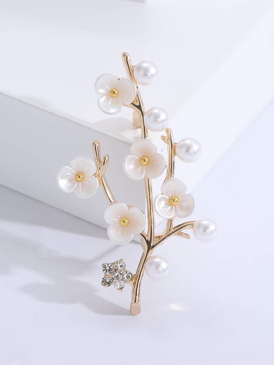 Faux Pearl & Flower Decor Brooch - Gold - View 1