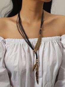 Collar en Y con diseño de pluma - Dorado - Ver 1