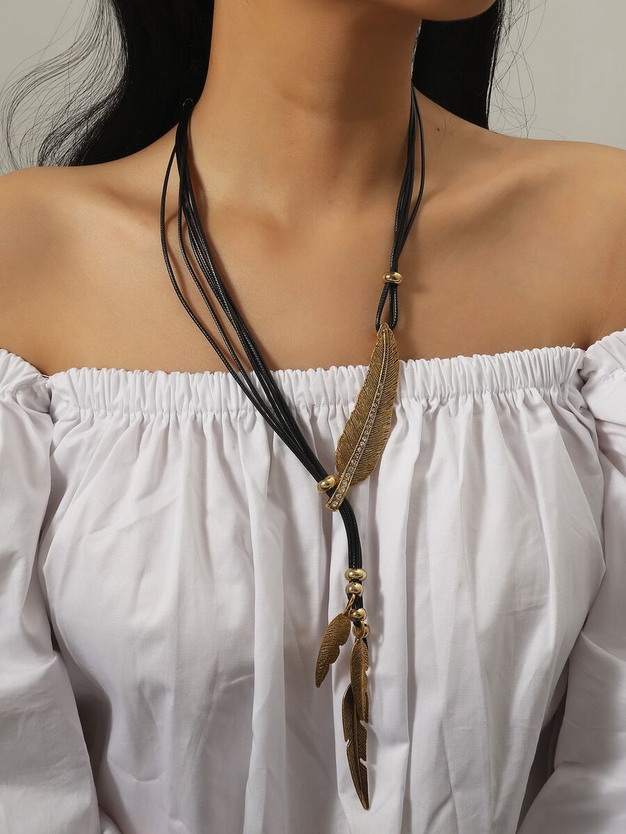 Collar en Y con diseño de pluma - Dorado - Ver 1