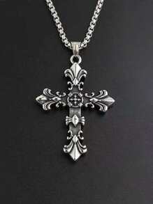 rundraw 1 件十字形花卉图案金属吊坠项链，男女通用，适合派对，适合日常服装配饰 - 復古銀色 - 查看 11