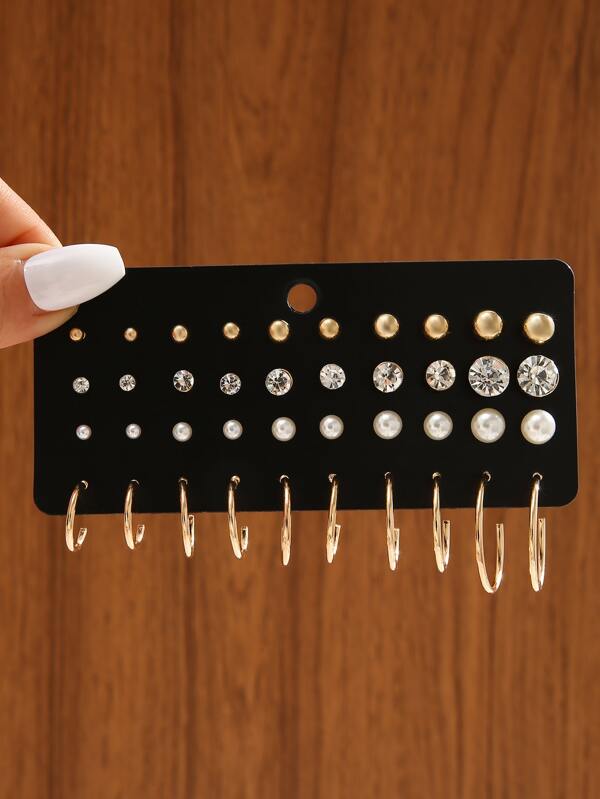 20pairs/Set Fashion Rhinestone & Faux Pearl Decor Earrings For Women's Accessory