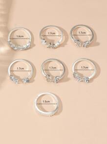 แหวน ตกแต่ง พลอยเทียม 7 ชิ้น/เซ็ต - สีเงิน - ดู 3