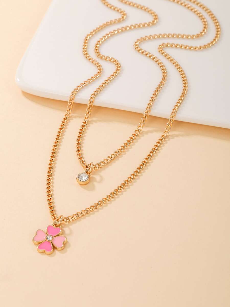 2pcs/set Rhinestone Clover Charm Necklace - Yellow Gold - View 1