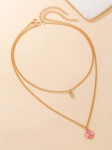 2pcs/set Rhinestone Clover Charm Necklace - Yellow Gold - View 4