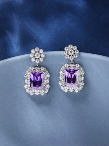 Bông tai thả trang trí bằng đá khối Zirconia - Màu tím - Xem 1