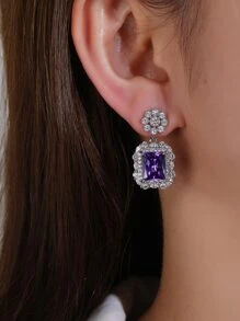 Bông tai thả trang trí bằng đá khối Zirconia - Màu tím - Xem 3