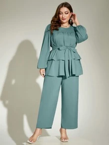 Mulvari 大碼燈籠袖腰帶上衣和闊腿褲