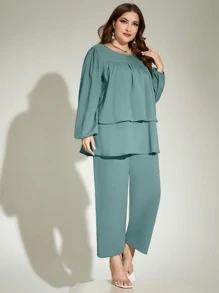 Mulvari 大碼燈籠袖腰帶上衣和闊腿褲