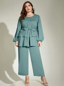 Mulvari 大碼燈籠袖腰帶上衣和闊腿褲