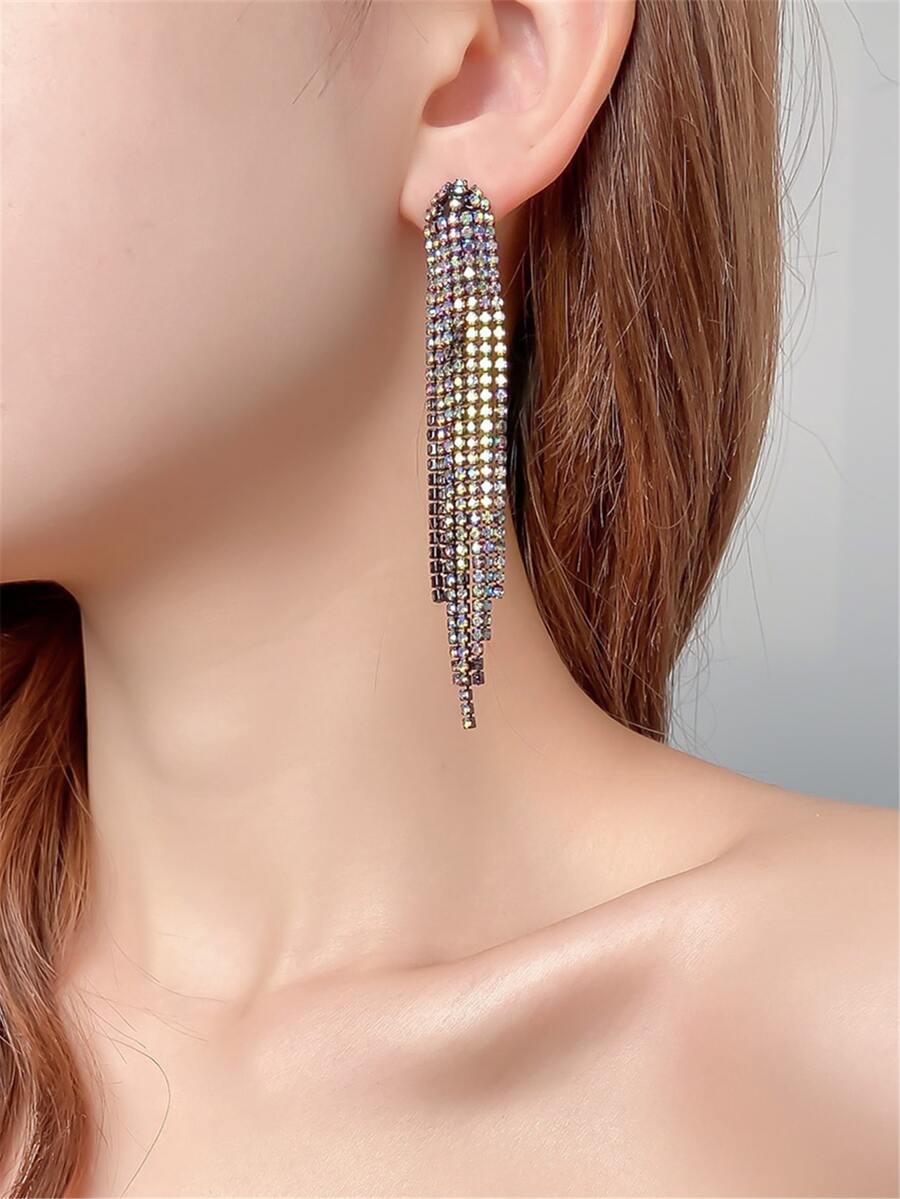 水鑽流蘇耳墜 - 黑色 - 查看 1