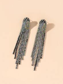 水鑽流蘇耳墜 - 黑色 - 查看 2