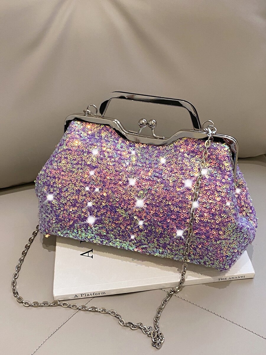 亮片裝飾吻鎖鏈條方包 - 紫色 - 查看 1